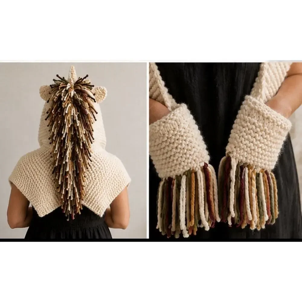 Hand Crocheted Beanie With Hand Warmers, Cute Ears And Unicorn Horn Gift